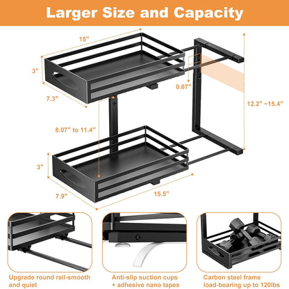 Under Sink Organizer, 2 Tier Under Sink Organizers and Storage, Adjustable Height, Slide out Metal Cabinet Organizers, Pull out Cabinet Storage Drawer Shelf for Kitchen Bathroom (White, 1 Pack)