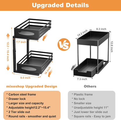 Under Sink Organizer, 2 Tier Under Sink Organizers and Storage, Adjustable Height, Slide out Metal Cabinet Organizers, Pull out Cabinet Storage Drawer Shelf for Kitchen Bathroom (White, 1 Pack)