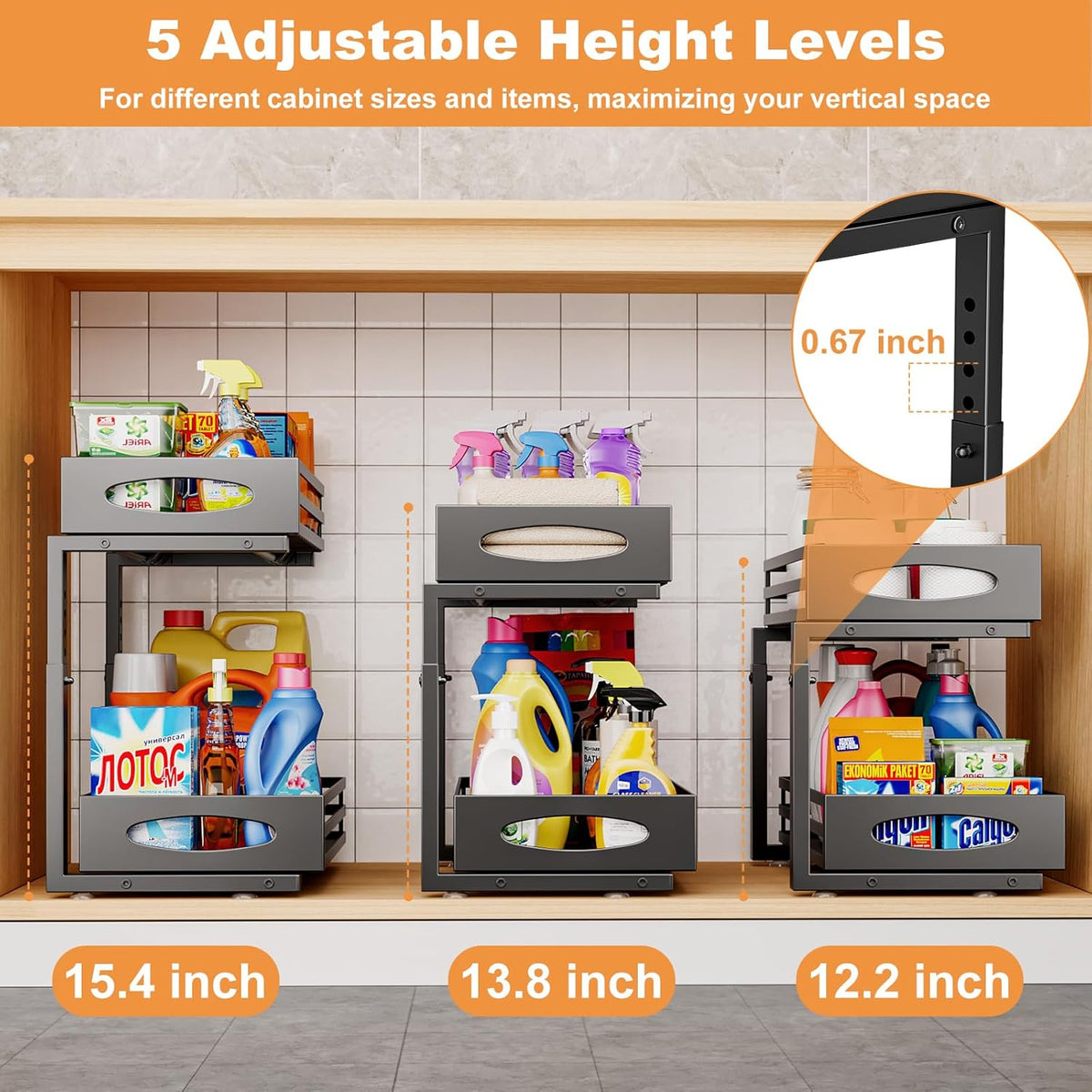 Under Sink Organizer, 2 Tier Under Sink Organizers and Storage, Adjustable Height, Slide out Metal Cabinet Organizers, Pull out Cabinet Storage Drawer Shelf for Kitchen Bathroom (White, 1 Pack)