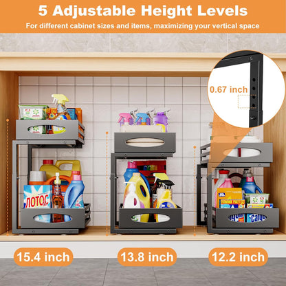 Under Sink Organizer, 2 Tier Under Sink Organizers and Storage, Adjustable Height, Slide out Metal Cabinet Organizers, Pull out Cabinet Storage Drawer Shelf for Kitchen Bathroom (White, 1 Pack)