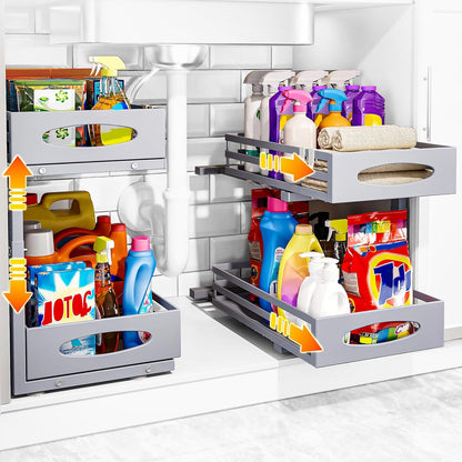 Under Sink Organizer, 2 Tier Under Sink Organizers and Storage, Adjustable Height, Slide out Metal Cabinet Organizers, Pull out Cabinet Storage Drawer Shelf for Kitchen Bathroom (White, 1 Pack)