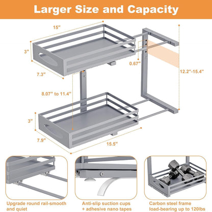 Under Sink Organizer, 2 Tier Under Sink Organizers and Storage, Adjustable Height, Slide out Metal Cabinet Organizers, Pull out Cabinet Storage Drawer Shelf for Kitchen Bathroom (White, 1 Pack)