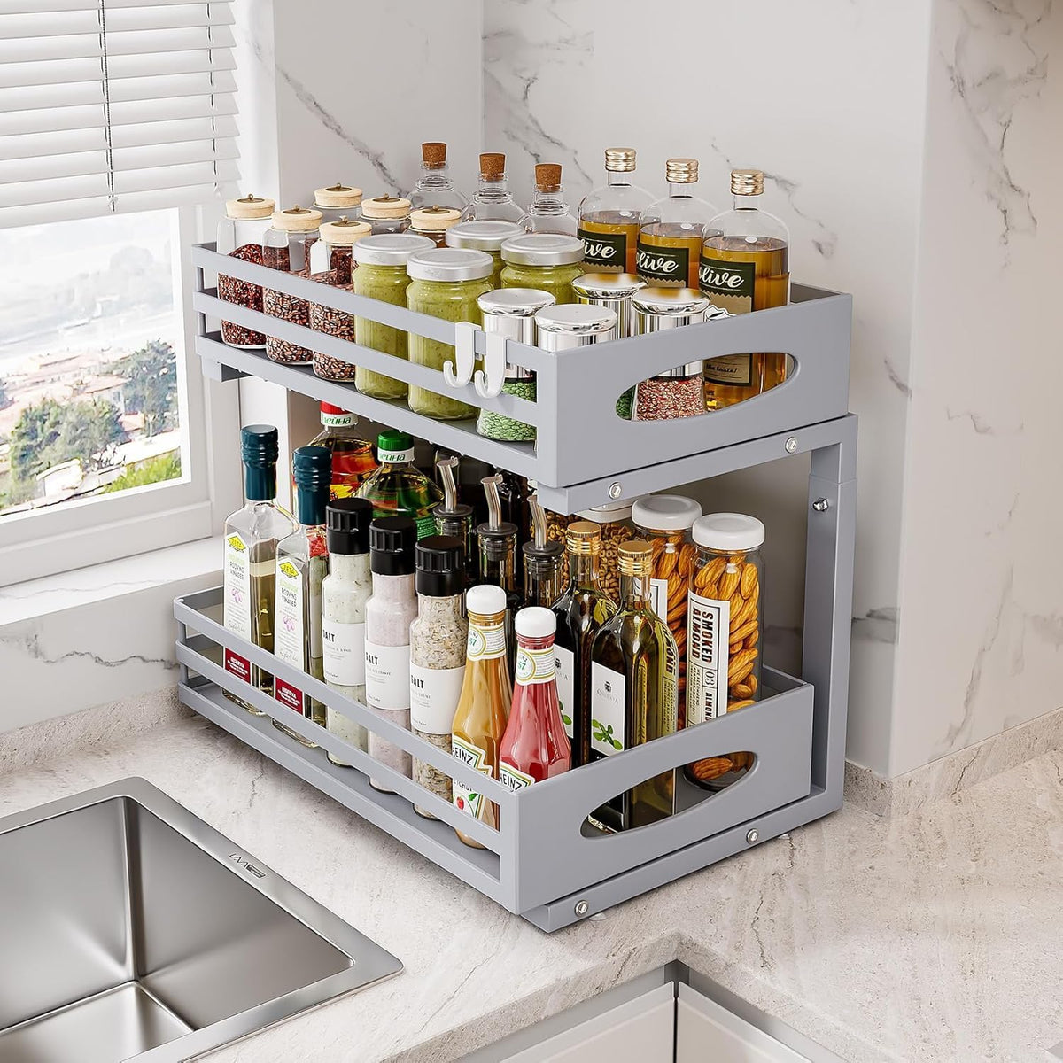 Under Sink Organizer, 2 Tier Under Sink Organizers and Storage, Adjustable Height, Slide out Metal Cabinet Organizers, Pull out Cabinet Storage Drawer Shelf for Kitchen Bathroom (White, 1 Pack)