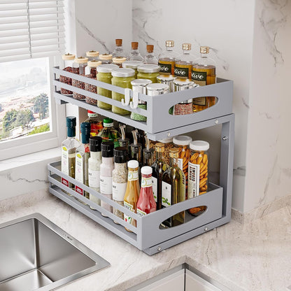 Under Sink Organizer, 2 Tier Under Sink Organizers and Storage, Adjustable Height, Slide out Metal Cabinet Organizers, Pull out Cabinet Storage Drawer Shelf for Kitchen Bathroom (White, 1 Pack)