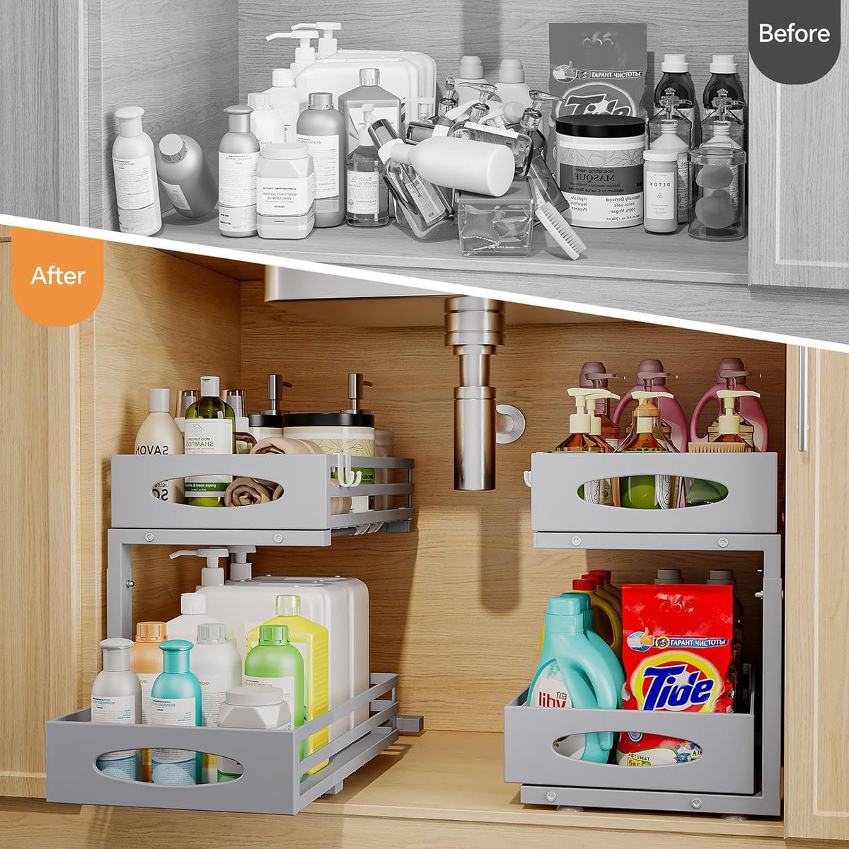 Under Sink Organizer, 2 Tier Under Sink Organizers and Storage, Adjustable Height, Slide out Metal Cabinet Organizers, Pull out Cabinet Storage Drawer Shelf for Kitchen Bathroom (White, 1 Pack)