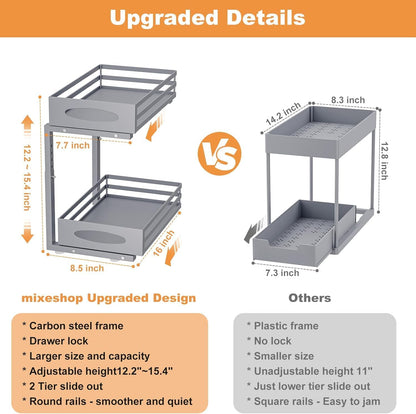 Under Sink Organizer, 2 Tier Under Sink Organizers and Storage, Adjustable Height, Slide out Metal Cabinet Organizers, Pull out Cabinet Storage Drawer Shelf for Kitchen Bathroom (White, 1 Pack)