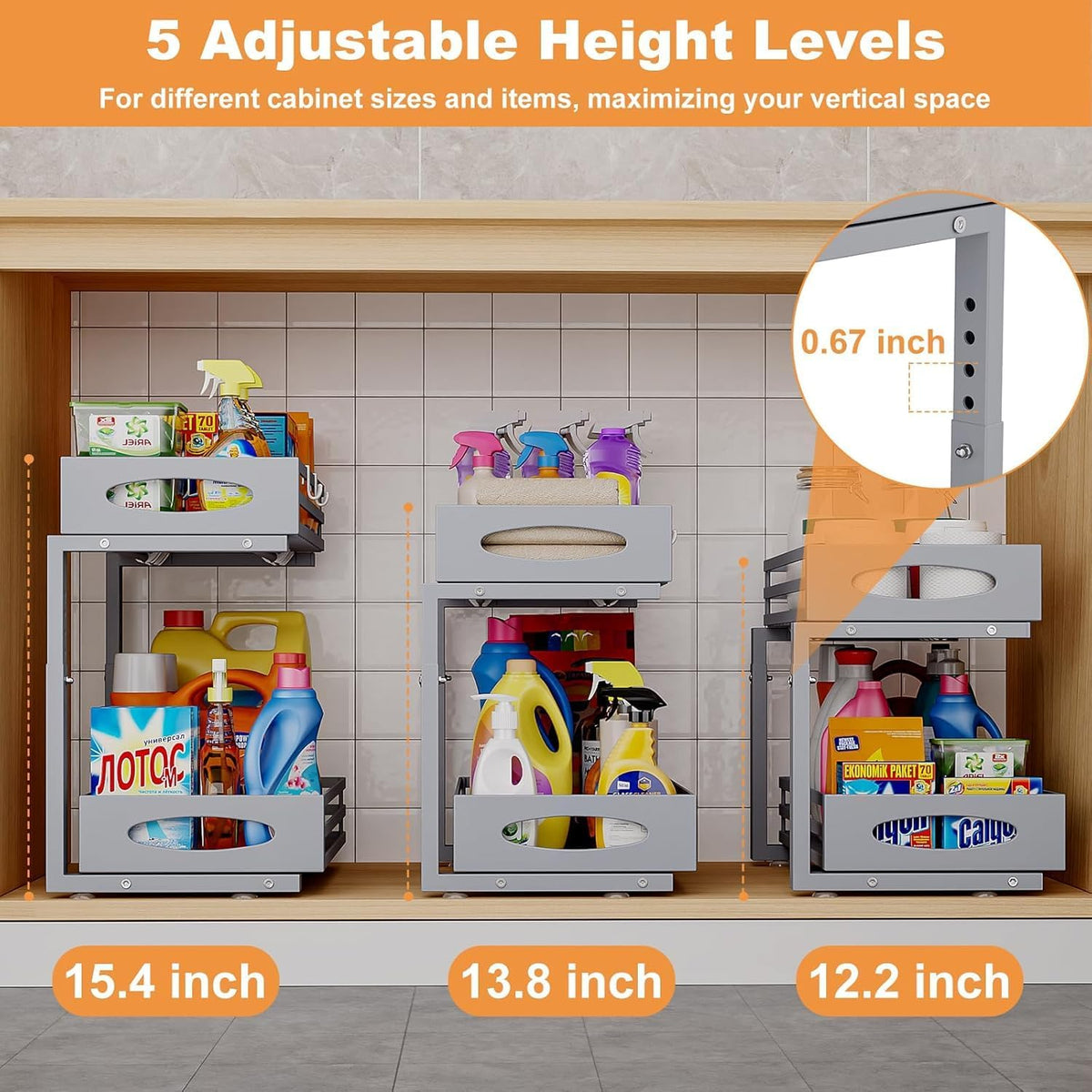 Under Sink Organizer, 2 Tier Under Sink Organizers and Storage, Adjustable Height, Slide out Metal Cabinet Organizers, Pull out Cabinet Storage Drawer Shelf for Kitchen Bathroom (White, 1 Pack)