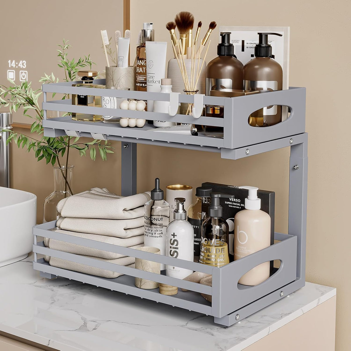 Under Sink Organizer, 2 Tier Under Sink Organizers and Storage, Adjustable Height, Slide out Metal Cabinet Organizers, Pull out Cabinet Storage Drawer Shelf for Kitchen Bathroom (White, 1 Pack)