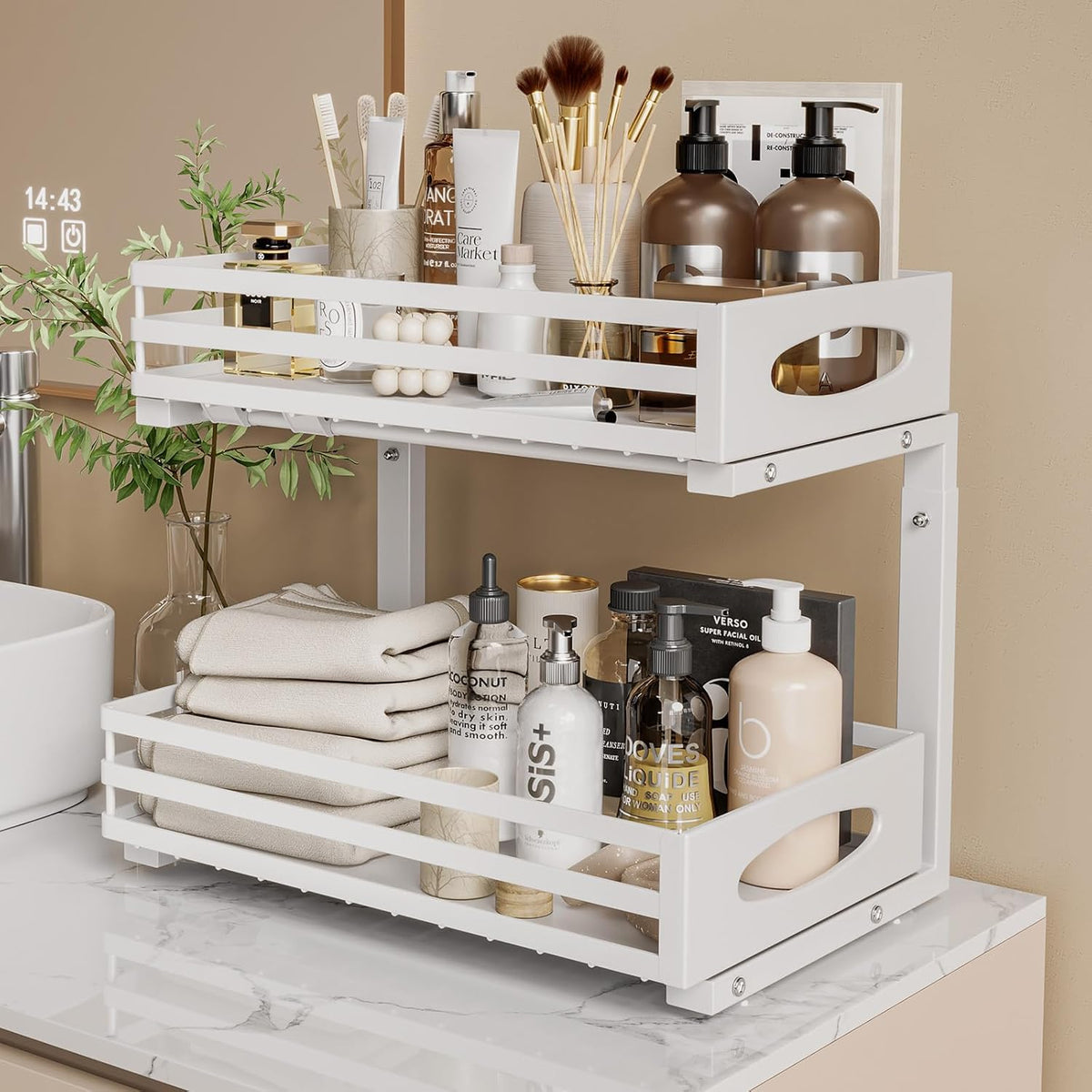Under Sink Organizer, 2 Tier Under Sink Organizers and Storage, Adjustable Height, Slide out Metal Cabinet Organizers, Pull out Cabinet Storage Drawer Shelf for Kitchen Bathroom (White, 1 Pack)
