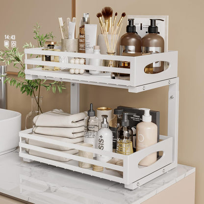 Under Sink Organizer, 2 Tier Under Sink Organizers and Storage, Adjustable Height, Slide out Metal Cabinet Organizers, Pull out Cabinet Storage Drawer Shelf for Kitchen Bathroom (White, 1 Pack)