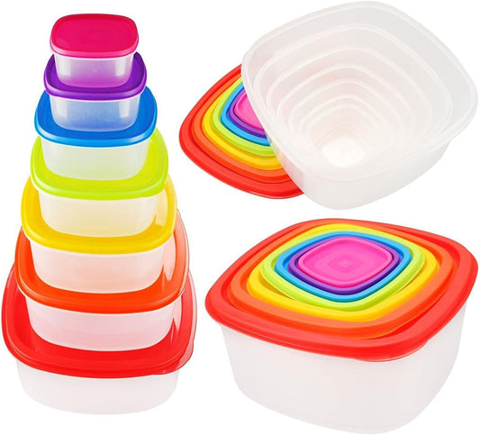 14PCS Nesting Plastic Food Storage Container Set with Airtight Leakproof Lids (7 Lids & 7 Containers) - Space Saving, BPA-Free Stackable Kitchen Storage - Freezer Safe & Microwavable
