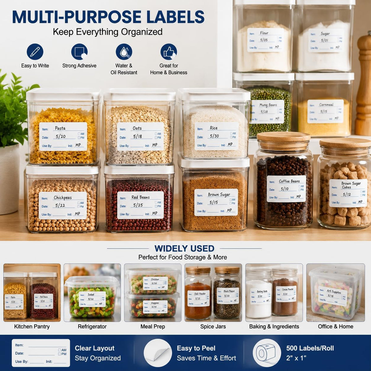 1000 PCS Removable Food Labels, 1 x 2 Inch Date Stickers for Freezer | Food Labels Stickers, Writable Removable Freezer Labels with Date Stickers for Refrigerator Food Containers & Storage
