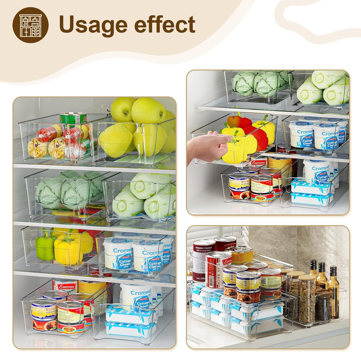 Clear Fridge Organizer, Refrigerator Organizer Bins with Handle, Freezer, Kitchen Cabinet, Pantry Organization, BPA Free Fridge Organizers (12.4 inch)