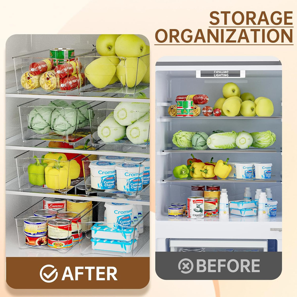 Clear Fridge Organizer, Refrigerator Organizer Bins with Handle, Freezer, Kitchen Cabinet, Pantry Organization, BPA Free Fridge Organizers (12.4 inch)