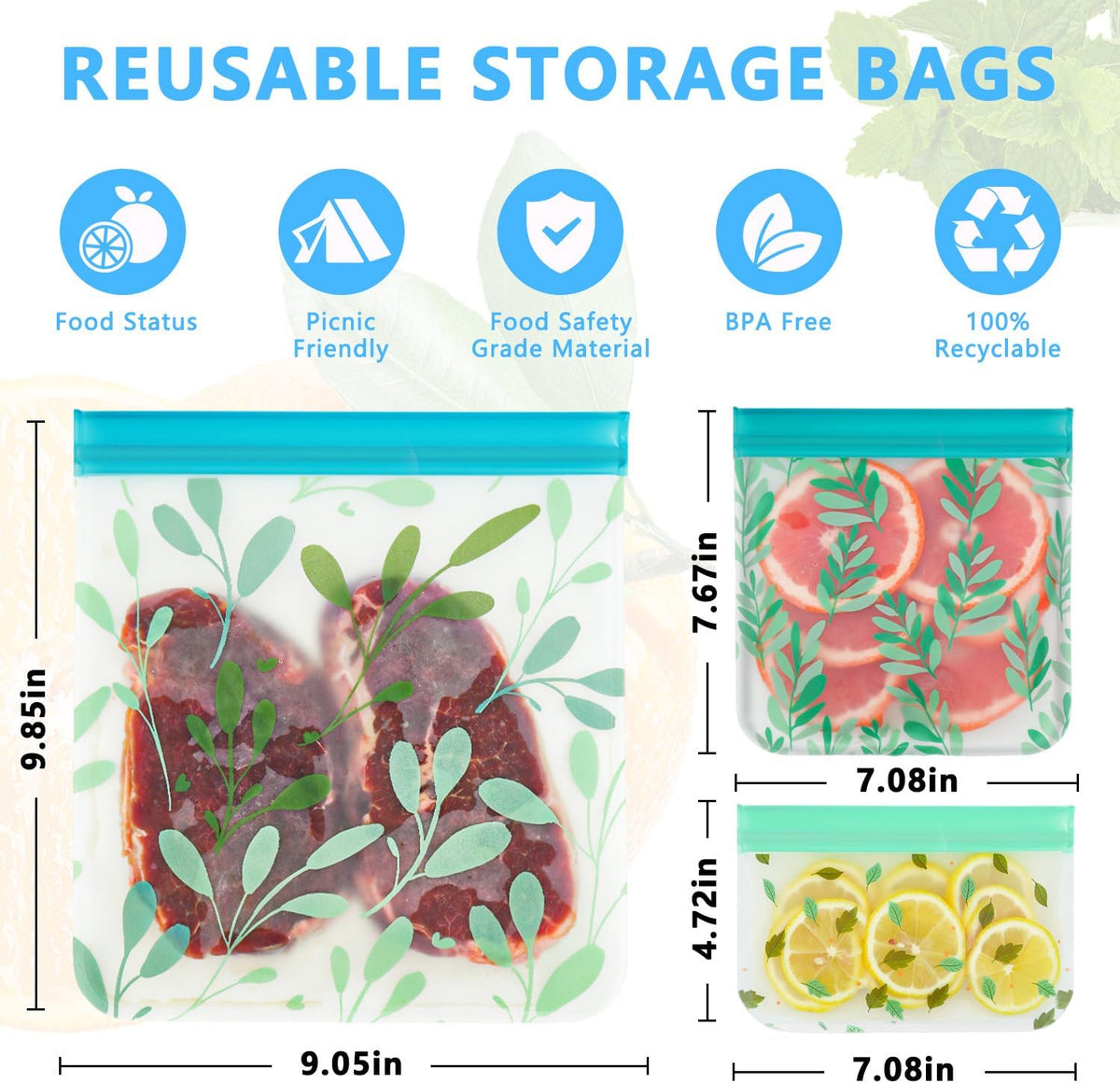 Dishwasher Safe Reusable PEVA Food Storage Bags, Leak proof Reusable Freezer Bags for Food Storage Home Organization Traval & Make-up BPA FREE for Food Storage Home BPA FREE for Salad Fruit