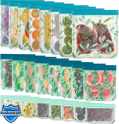 Dishwasher Safe Reusable PEVA Food Storage Bags, Leak proof Reusable Freezer Bags for Food Storage Home Organization Traval & Make-up BPA FREE for Food Storage Home BPA FREE for Salad Fruit