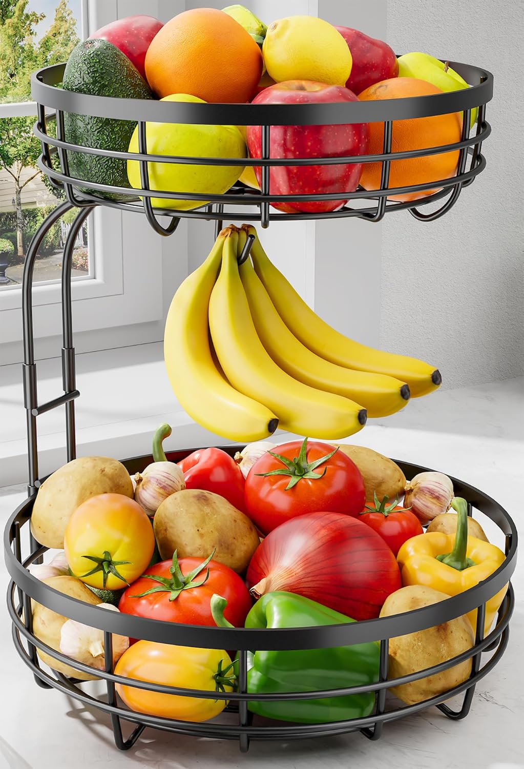Fruit Basket for Kitchen Counter - 2-Tier Large Capacity Fruit Bowl with Detachable Banana Hanger, Rust-Proof Metal Fruit Holder for Vegetables, Bread, Toiletry,10" D x 10" W x 14" H, Black