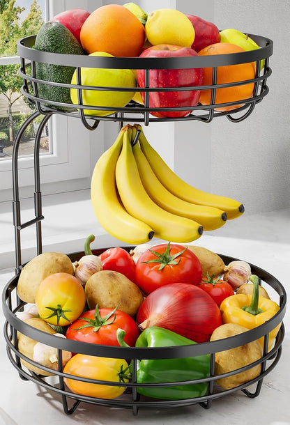 Fruit Basket for Kitchen Counter - 2-Tier Large Capacity Fruit Bowl with Detachable Banana Hanger, Rust-Proof Metal Fruit Holder for Vegetables, Bread, Toiletry,10" D x 10" W x 14" H, Black