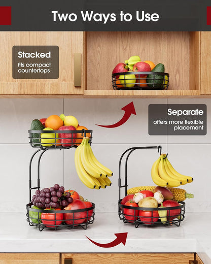 Fruit Basket for Kitchen Counter - 2-Tier Large Capacity Fruit Bowl with Detachable Banana Hanger, Rust-Proof Metal Fruit Holder for Vegetables, Bread, Toiletry,10" D x 10" W x 14" H, Black