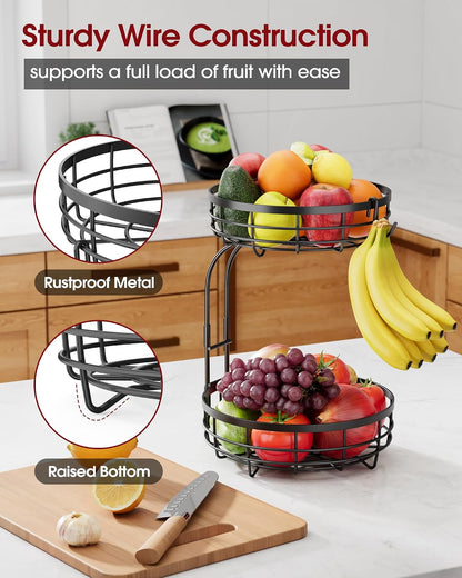 Fruit Basket for Kitchen Counter - 2-Tier Large Capacity Fruit Bowl with Detachable Banana Hanger, Rust-Proof Metal Fruit Holder for Vegetables, Bread, Toiletry,10" D x 10" W x 14" H, Black