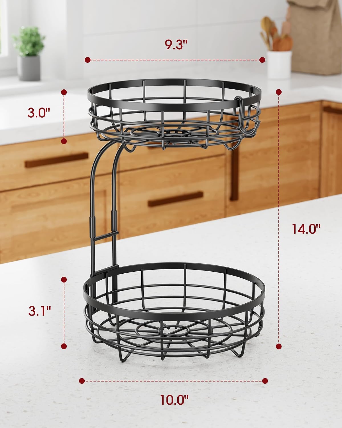 Fruit Basket for Kitchen Counter - 2-Tier Large Capacity Fruit Bowl with Detachable Banana Hanger, Rust-Proof Metal Fruit Holder for Vegetables, Bread, Toiletry,10" D x 10" W x 14" H, Black