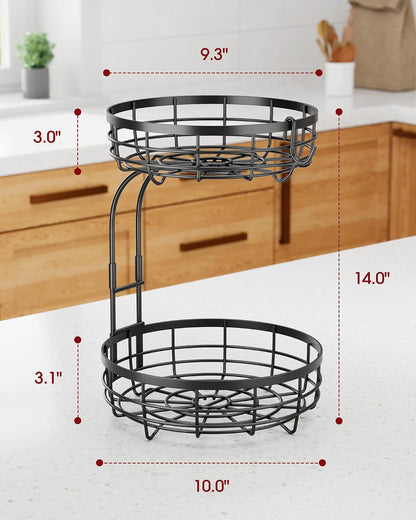 Fruit Basket for Kitchen Counter - 2-Tier Large Capacity Fruit Bowl with Detachable Banana Hanger, Rust-Proof Metal Fruit Holder for Vegetables, Bread, Toiletry,10" D x 10" W x 14" H, Black