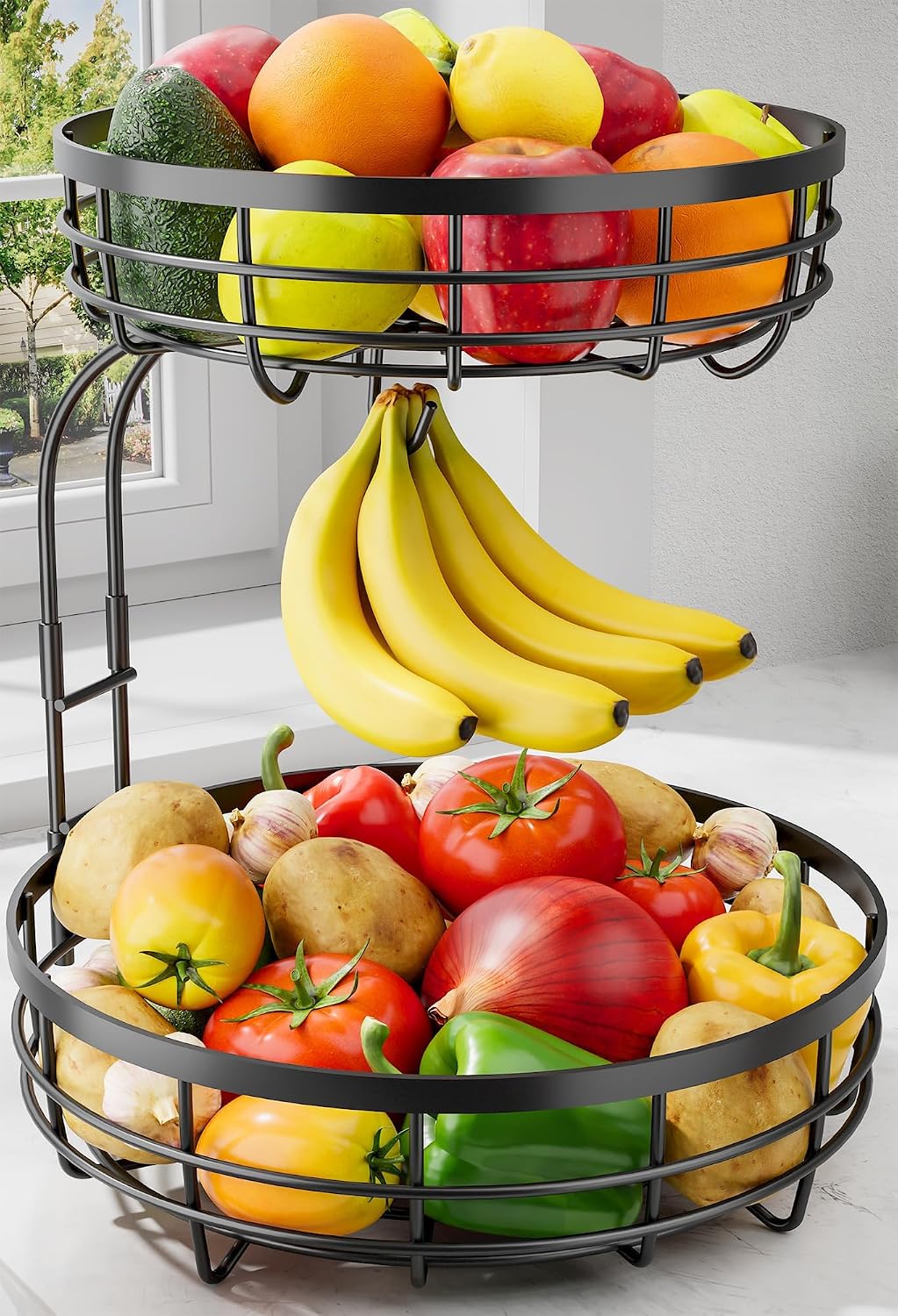 Fruit Basket for Kitchen Counter - 2-Tier Large Capacity Fruit Bowl with Detachable Banana Hanger, Rust-Proof Metal Fruit Holder for Vegetables, Bread, Toiletry,10" D x 10" W x 14" H, Black