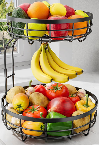 Fruit Basket for Kitchen Counter - 2-Tier Large Capacity Fruit Bowl with Detachable Banana Hanger, Rust-Proof Metal Fruit Holder for Vegetables, Bread, Toiletry,10" D x 10" W x 14" H, Black
