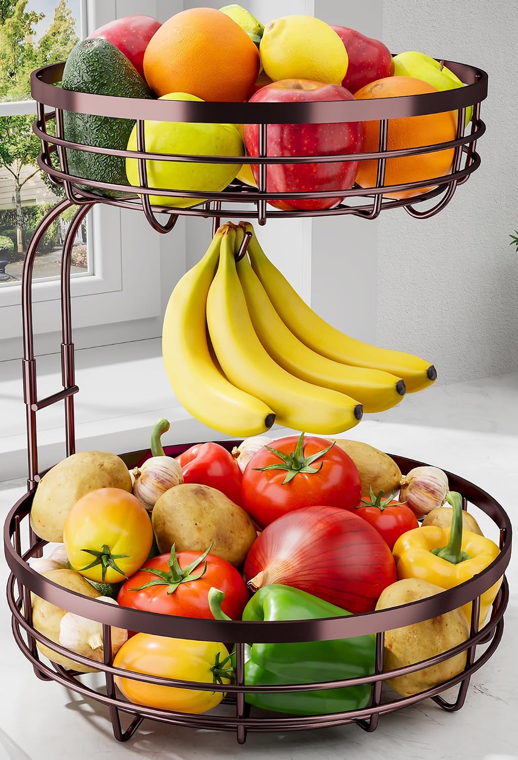 Fruit Basket for Kitchen Counter - 2-Tier Large Capacity Fruit Bowl with Detachable Banana Hanger, Rust-Proof Metal Fruit Holder for Vegetables, Bread, Toiletry,10" D x 10" W x 14" H, Black