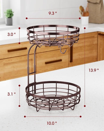Fruit Basket for Kitchen Counter - 2-Tier Large Capacity Fruit Bowl with Detachable Banana Hanger, Rust-Proof Metal Fruit Holder for Vegetables, Bread, Toiletry,10" D x 10" W x 14" H, Black