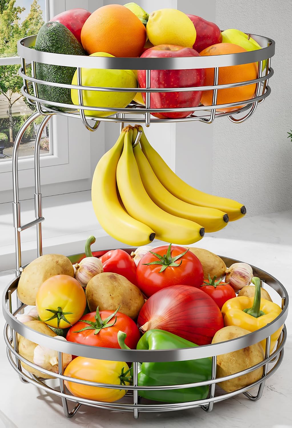 Fruit Basket for Kitchen Counter - 2-Tier Large Capacity Fruit Bowl with Detachable Banana Hanger, Rust-Proof Metal Fruit Holder for Vegetables, Bread, Toiletry,10" D x 10" W x 14" H, Black