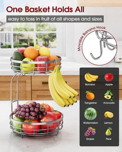 Fruit Basket for Kitchen Counter - 2-Tier Large Capacity Fruit Bowl with Detachable Banana Hanger, Rust-Proof Metal Fruit Holder for Vegetables, Bread, Toiletry,10" D x 10" W x 14" H, Black