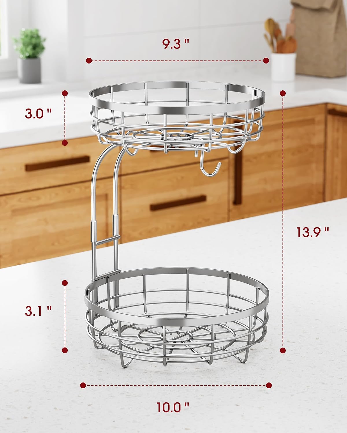 Fruit Basket for Kitchen Counter - 2-Tier Large Capacity Fruit Bowl with Detachable Banana Hanger, Rust-Proof Metal Fruit Holder for Vegetables, Bread, Toiletry,10" D x 10" W x 14" H, Black