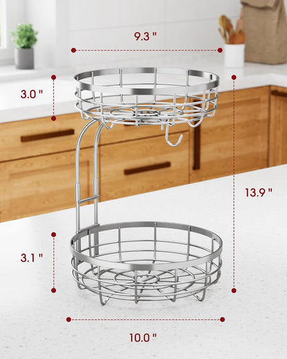 Fruit Basket for Kitchen Counter - 2-Tier Large Capacity Fruit Bowl with Detachable Banana Hanger, Rust-Proof Metal Fruit Holder for Vegetables, Bread, Toiletry,10" D x 10" W x 14" H, Black