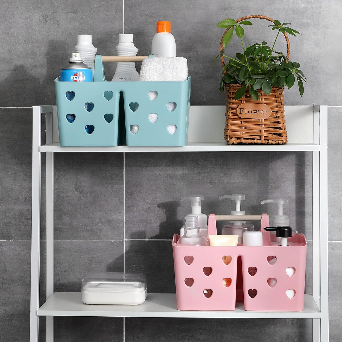 Portable Shower Caddy Plastic Shower Basket Organizer Divided Bathroom Caddy Storage Cleanning Caddy Tote with Handle for College, Dorm Room, Kitchen, Pink | Divided Bathroom Caddy Storage Cleanning Caddy Tote for College, Dorm Room, Kitchen