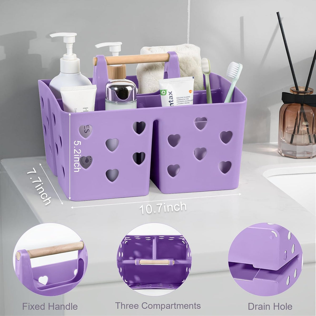 Portable Shower Caddy Plastic Shower Basket Organizer Divided Bathroom Caddy Storage Cleanning Caddy Tote with Handle for College, Dorm Room, Kitchen, Pink | Divided Bathroom Caddy Storage Cleanning Caddy Tote for College, Dorm Room, Kitchen