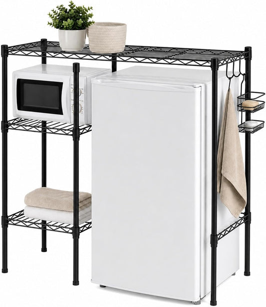 Mini Dorm Fridge Shelf Stand with Storage, Over Mini Fridge and Microwave Stand ,Carbon Steel Adjustable Refrigerator Storage Organizer for Dorm Room Apartment Kitchen(Black,3 Layer)