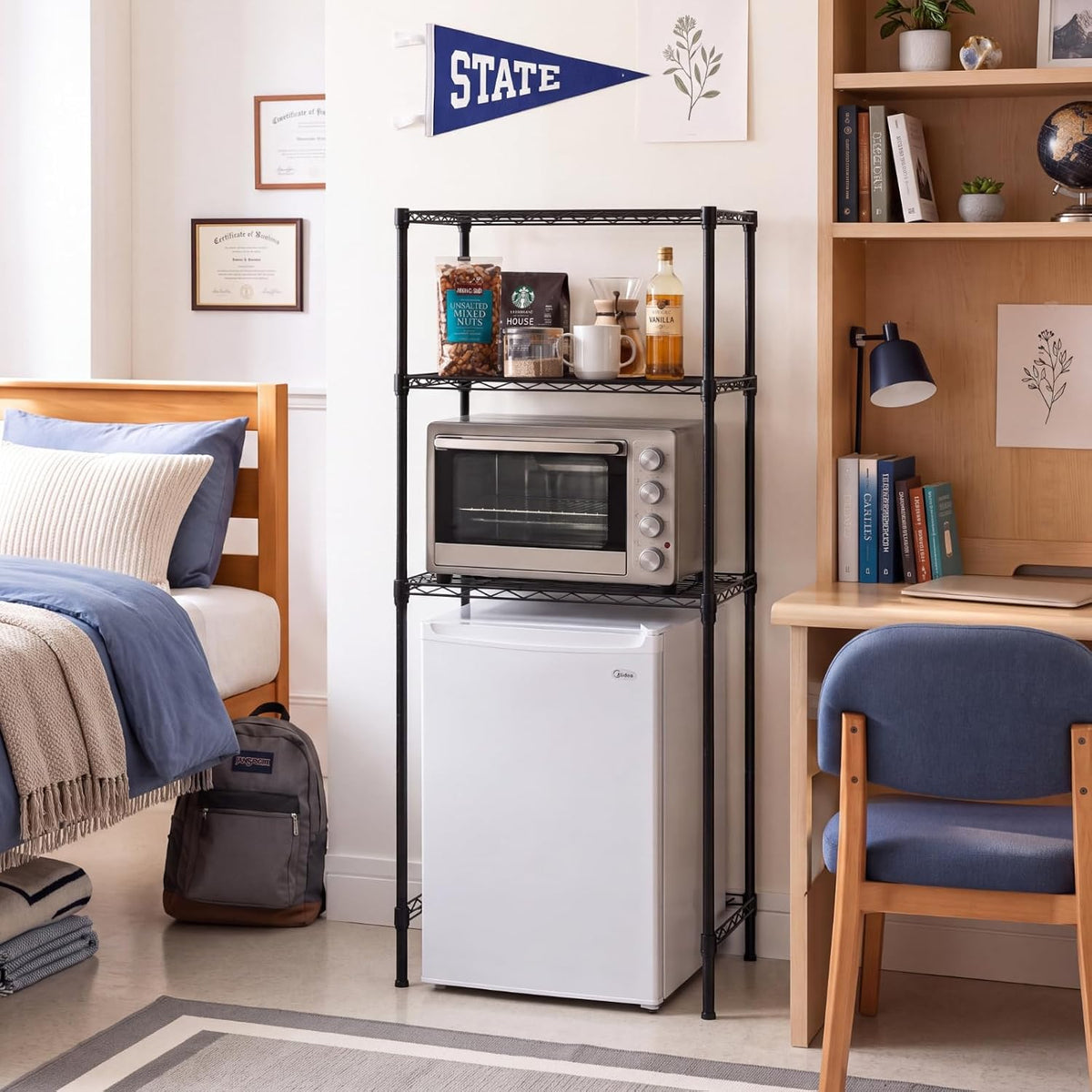 Mini Dorm Fridge Shelf Stand with Storage, Over Mini Fridge and Microwave Stand ,Carbon Steel Adjustable Refrigerator Storage Organizer for Dorm Room Apartment Kitchen(Black,3 Layer)