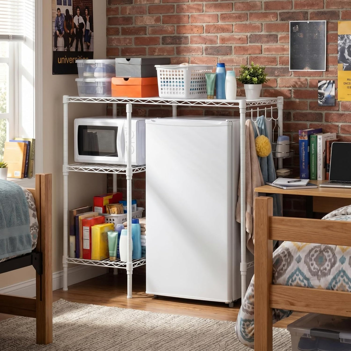 Mini Dorm Fridge Shelf Stand with Storage, Over Mini Fridge and Microwave Stand ,Carbon Steel Adjustable Refrigerator Storage Organizer for Dorm Room Apartment Kitchen(Black,3 Layer)
