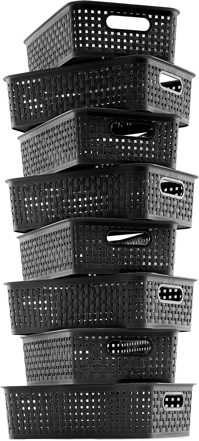 NETANY Plastic Storage Baskets - 8 Pack, Gray, Durable, Easy to Use, Flexible, Multi-Purpose, Ideal for Closets, Cabinets, Shelves, Countertops