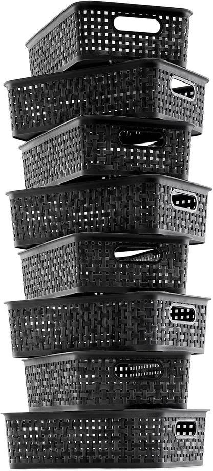 NETANY Plastic Storage Baskets - 8 Pack, Gray, Durable, Easy to Use, Flexible, Multi-Purpose, Ideal for Closets, Cabinets, Shelves, Countertops