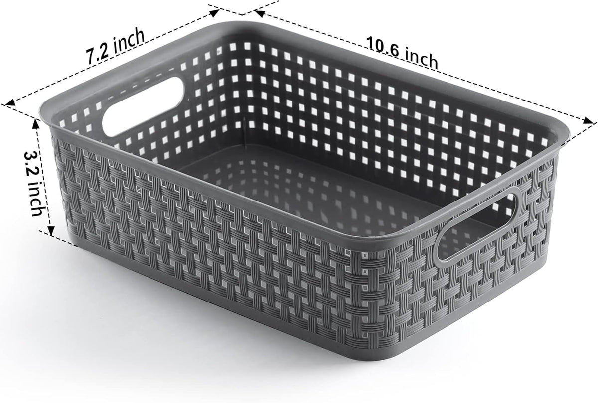 NETANY Plastic Storage Baskets - 8 Pack, Gray, Durable, Easy to Use, Flexible, Multi-Purpose, Ideal for Closets, Cabinets, Shelves, Countertops