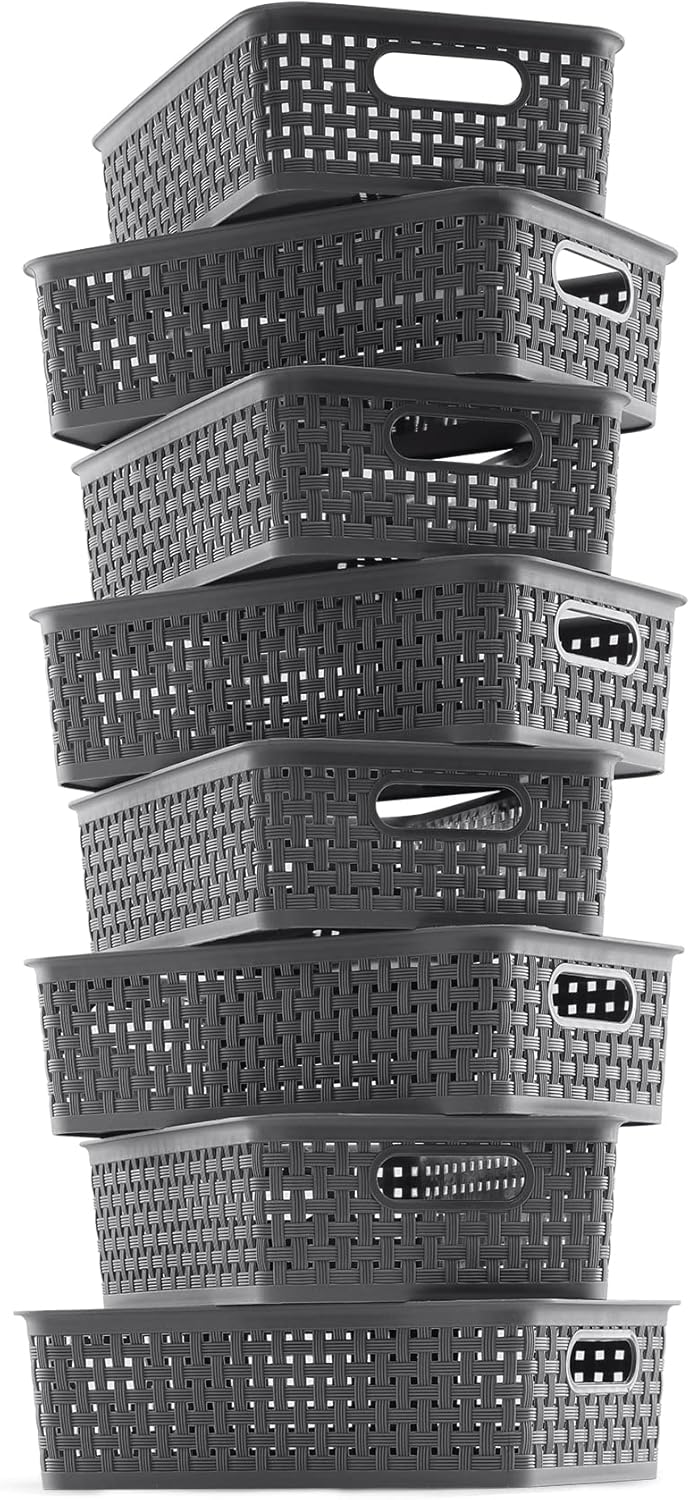 NETANY Plastic Storage Baskets - 8 Pack, Gray, Durable, Easy to Use, Flexible, Multi-Purpose, Ideal for Closets, Cabinets, Shelves, Countertops