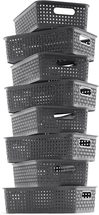 NETANY Plastic Storage Baskets - 8 Pack, Gray, Durable, Easy to Use, Flexible, Multi-Purpose, Ideal for Closets, Cabinets, Shelves, Countertops