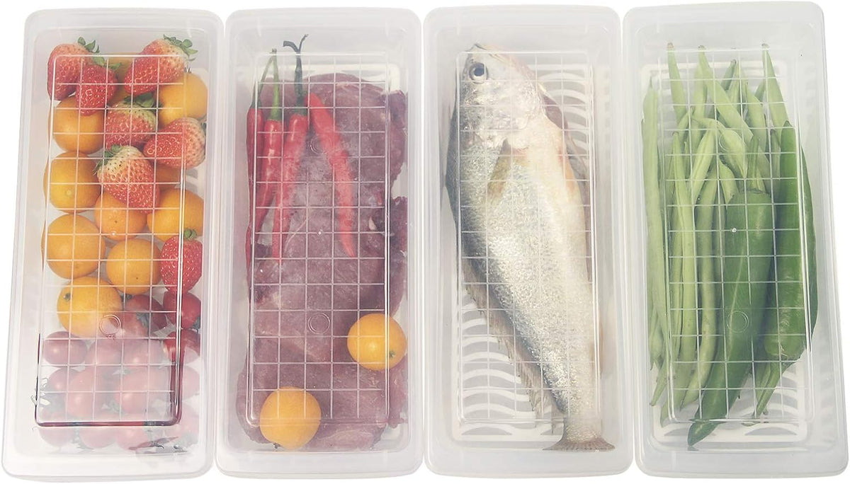 Food Storage Container, Plastic Food Containers with Removable Drain Plate and Lid, Stackable Portable Freezer Storage Containers - Tray to Keep Fruits, Vegetables, Meat and More (4,Large)