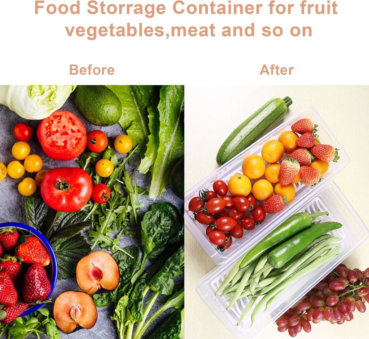 Food Storage Container, Plastic Food Containers with Removable Drain Plate and Lid, Stackable Portable Freezer Storage Containers - Tray to Keep Fruits, Vegetables, Meat and More (4,Large)