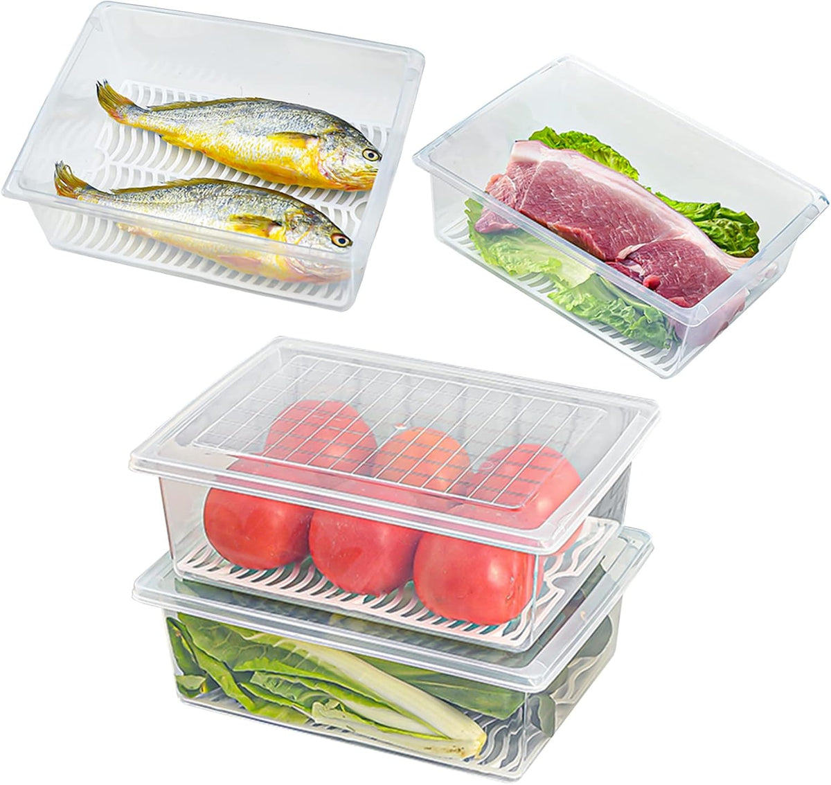 Food Storage Container, Plastic Food Containers with Removable Drain Plate and Lid, Stackable Portable Freezer Storage Containers - Tray to Keep Fruits, Vegetables, Meat and More (4,Large)