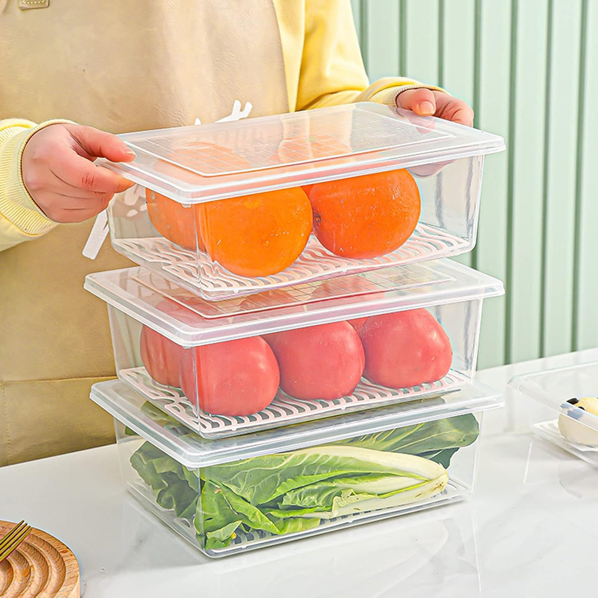 Food Storage Container, Plastic Food Containers with Removable Drain Plate and Lid, Stackable Portable Freezer Storage Containers - Tray to Keep Fruits, Vegetables, Meat and More (4,Large)