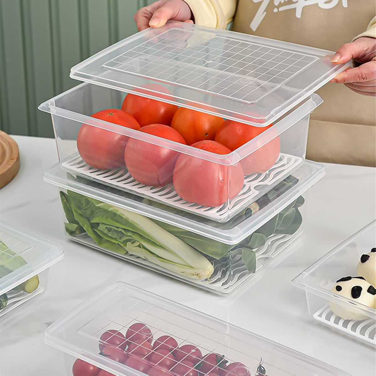 Food Storage Container, Plastic Food Containers with Removable Drain Plate and Lid, Stackable Portable Freezer Storage Containers - Tray to Keep Fruits, Vegetables, Meat and More (4,Large)