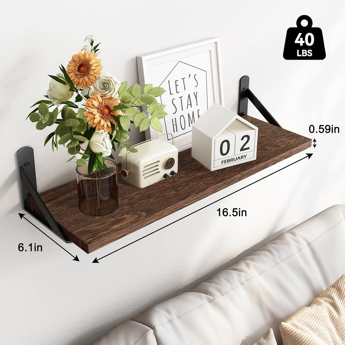 Wall Floating Shelves for Home Decor (Brown, Set of 4, 16.5 Inch)